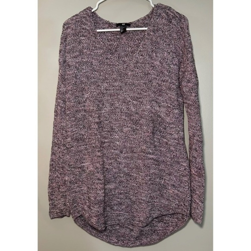H&M Marl Knit Tunic Sweater Size S Pink Black V-Neck Oversized Beachy Coastal